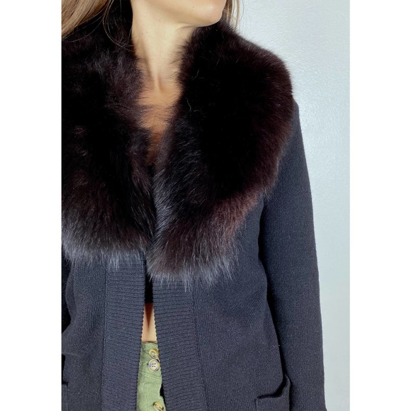 vintage 60s Black Real FOX Fur Collar CASHMERE CARDIGAN Medium real fur draped - Picture 5 of 10